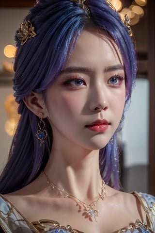 tianqiong,portiart,1girl,jewelry,hair ornament,solo,earrings,long hair,blue eyes,blue hair,looking at viewer,necklace,purple hair,masterpiece,HDR,UHD,8K,best quality,Photographic,,,Xtianqiong,Xyunxiao