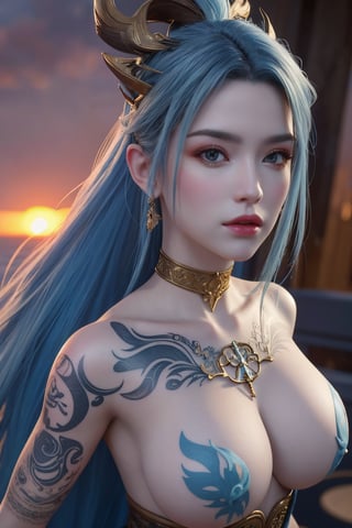 upper_body, 1girl, long hair,short_ponytail, light blue hair, sunset, grey eyes, plump, realistic, tattoo on body, beautiful mixed detail tattoo, tattoo of, arm tattoo, looking_at_viewer,(oil shiny skin:0.8), (big_boobs), willowy, chiseled, (hunky:1.8),(perfect anatomy, prefect hand,), 9 head body lenth, dynamic sexy pose, (artistic pose of awoman),from_above, (big breasts:1.59),