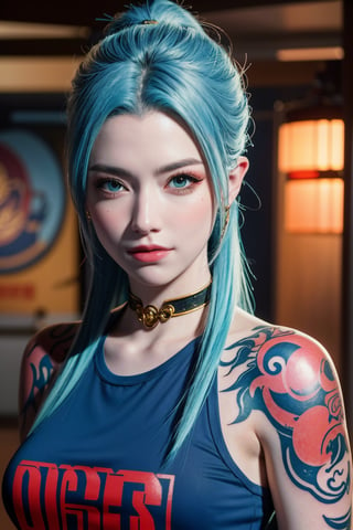 upper_body , score_9, score_8_up, score_7_up, score_6_up, 1girl, long hair,short_ponytail, light blue hair, sunset, grey eyes, plump, realistic, tattoo on body, beautiful mixed detail tattoo, tattoo of, arm tattoo, ((anime girl tattoo wearing dragon ball comic of Japan t-shirt)),smile,looking_at_viewer,(oil shiny skin:0.8), (big_boobs), willowy, chiseled, (hunky:1.8),(perfect anatomy, prefect hand,), 9 head body lenth, dynamic sexy pose, (artistic pose of awoman),from_above, (big breasts:1.39),