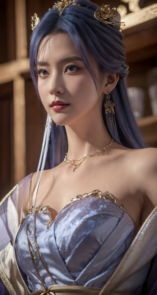tianqiong,portiart,1girl,jewelry,hair ornament,solo,earrings,long hair,blue eyes,blue hair,looking at viewer,necklace,purple hair,masterpiece,HDR,UHD,8K,best quality,Photographic,,,Xtianqiong,Xyunxiao,