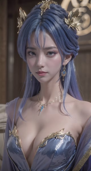 tianqiong,portiart,1girl,jewelry,hair ornament,solo,earrings,long hair,blue eyes,blue hair,looking at viewer,necklace,purple hair,masterpiece,HDR,UHD,8K,best quality,Photographic,,,Xtianqiong,Xyunxiao,