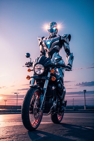 motorbike,CyberMecha,High detailed, cyberpunk, future, futuristic, robots, pink sky, blue light