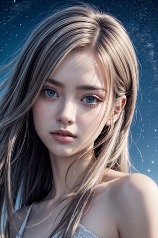 masterpiece, best quality, illustration, stars in the eyes,dishevelled hair,Starry sky adorns hair,1 girl,sparkling anime eyes,beautiful detailed eyes, beautiful detailed stars,blighting stars,emerging dark purple across with white hair,multicolored hair,beautiful detailed eyes,beautiful detailed sky, beautiful detailed water, cinematic lighting, dramatic angle,