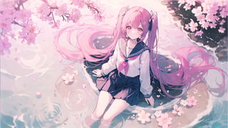 1girl, solo, long_hair, pink_hair, cherry_blossoms, skirt, very_long_hair, ripples, school_uniform, twintails, black_skirt, reflection, serafuku, from_above, neckerchief, shirt, pleated_skirt, pink_eyes, sailor_collar, long_sleeves, black_shirt, flower, black_serafuku, sitting, water, looking_up, bangs, looking_at_viewer, petals, closed_mouth, black_sailor_collar