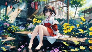 1 girl,HDR,high contrast,red classical robe,flying long hair,short skirt,hair tied with red ribbon,wind chimes,full body,soft clothing texture,eyes looking at the audience,flowers,butterflies,barefoot,red ribbon fluttering in the wind