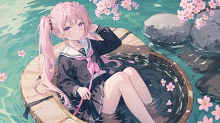 1girl, solo, long_hair, pink_hair, cherry_blossoms, skirt, very_long_hair, ripples, school_uniform, twintails, black_skirt, reflection, serafuku, from_above, neckerchief, shirt, pleated_skirt, pink_eyes, sailor_collar, long_sleeves, black_shirt, flower, black_serafuku, sitting, water, looking_up, bangs, looking_at_viewer, petals, closed_mouth, black_sailor_collar