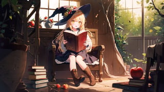 1girl, apple, balloon, berry, blonde_hair, blurry, blurry_foreground, book, boots, branch, cherry, depth_of_field, dress, food, fruit, hat, holding_book, long_hair, mushroom, open_book, open_mouth, reading, red_apple, red_flower, sitting, solo, strawberry, tree, witch, witch_hat, yellow_eyes, backlight, colors