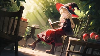 1girl, apple, balloon, berry, blonde_hair, blurry, blurry_foreground, book, boots, branch, cherry, depth_of_field, dress, food, fruit, hat, holding_book, long_hair, mushroom, open_book, open_mouth, reading, red_apple, red_flower, sitting, solo, strawberry, tree, witch, witch_hat, yellow_eyes, backlight, colors