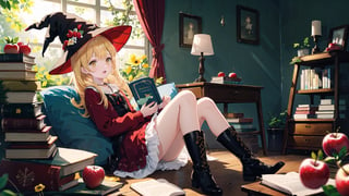 1girl, apple, balloon, berry, blonde_hair, blurry, blurry_foreground, book, boots, branch, cherry, depth_of_field, dress, food, fruit, hat, holding_book, long_hair, mushroom, open_book, open_mouth, reading, red_apple, red_flower, sitting, solo, strawberry, tree, witch, witch_hat, yellow_eyes, backlight, colors