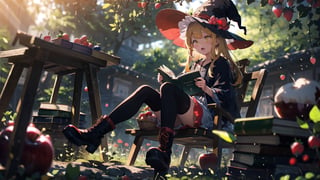 1girl, apple, balloon, berry, blonde_hair, blurry, blurry_foreground, book, boots, branch, cherry, depth_of_field, dress, food, fruit, hat, holding_book, long_hair, mushroom, open_book, open_mouth, reading, red_apple, red_flower, sitting, solo, strawberry, tree, witch, witch_hat, yellow_eyes, backlight, colors,girl