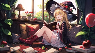 1girl, apple, balloon, berry, blonde_hair, blurry, blurry_foreground, book, boots, branch, cherry, depth_of_field, dress, food, fruit, hat, holding_book, long_hair, mushroom, open_book, open_mouth, reading, red_apple, red_flower, sitting, solo, strawberry, tree, witch, witch_hat, yellow_eyes, backlight, colors