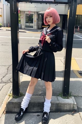 (best quality), ((masterpiece)), (highres), extremely detailed, 1girl, short_pink_hair, bangs, solo, loafer shoes, perfect figure, ((full body)), ((black pleated skirt)), (((must be ankle long dress))), long sleeves, black serafuku, ((must all black outfit)), medium breasts, socks, black sailor collar, Realism, from below, black wafuku, japan street, Midriff, ((open_clothes)), ((unbuttoned black shirt)), ((must have sailor collar)), bob_cut,sexy, show chest, wearing sexy sailor outfit, loose_socks ,undressing top