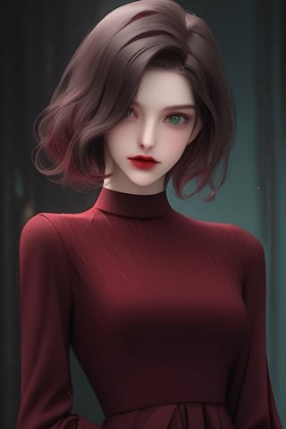 female eighteen. Wearing a tight elegant long maroon dress with elegant medium long sleeves. She has brown hair in cut as bob. She has dark sea green eyes. She has crimson red lipstick on. She doesn't have any other makeup on. She is white.