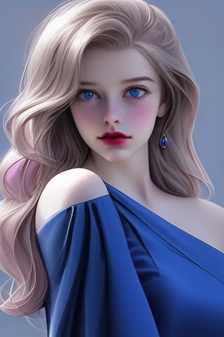 female eighteen. Wearing a tight elegant royal blue maroon dress with elegant with of the shoulder elegant sleeves. She has blonde hair in long with bangs. She has grey blue eyes. She has pink lipstick on with a gloss .She has royal blue eye shadow on and rosey pink blush on.She is white.