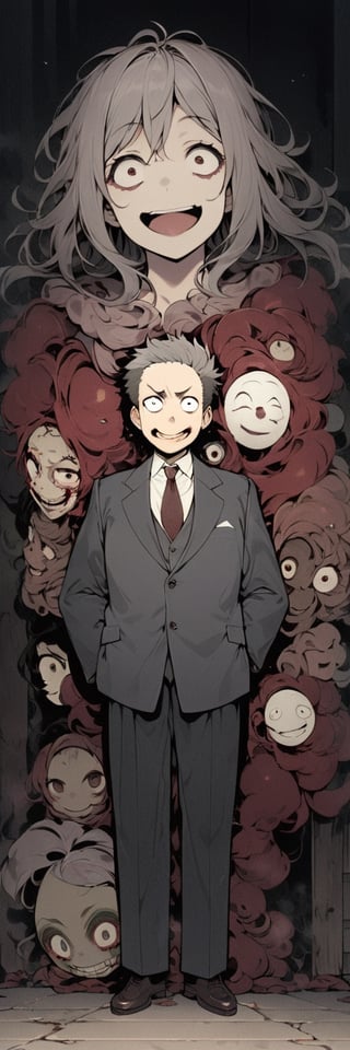 (master piece),(excellent composition),(4k resolution),a man wearing a old large suit,he si in New York,(perfect proportions),(perfect composition), paranoic eyes, serial killer face, weird smile, poor chaotic hair, baggy eyes