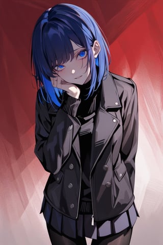 masterpiece, high contrast, 1girl, solo, blue eyes, standing with hands behind back, a girl in long black winter coat, (, open black coat, black sweater underneath, black pleated skirt, black tights) looking at viewer, one head resting on hand, 

red background,

, bob cut, dark royal blue hair, medium length hair, hair behind ear, side bangs,
,xlinex