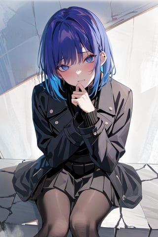 masterpiece, high contrast, sitting, sitting at bar a girl in long black winter coat, looking at viewer, one head resting on hand, one hand holding spoon, 

long black winter coat, black sweater underneath, bob cut, dark royal blue hair, medium length hair, hair behind ear, side bangs, (black coat, black pleated skirt, black tights)
,xlinex