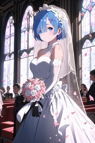 (1 beautiful woman, blue short hair, Rem, expensive detailed white wedding dress design by Francesca Miranda, white bride veil, long white gloves), walking to the altar, holding a bouquet, church location, wedding, celebration time, petals falling down, people sitting down background, priest in front of the spouse, close-up ,perfecteyes, smiling, shy,rem