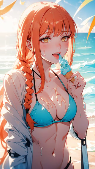 (1 girl), (yellow eyes), (orange hair, one side braid), (happy smile), ((eating soft serve ice cream with tongue)), ((sexy design bikini)), ultra high resolution, 8k, Hdr, daytime, in the beach, (sweat all over the face)