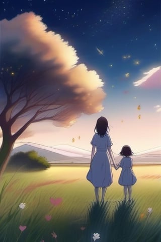 Reminiscent Mother's Day card
Anime girl and mother
Watching stars on the grassland
The proportions of the human body are better
With Happy Mother's Day English text