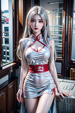 photorealistic, high resolution, 1women, shining skin, solo, hips up, jewelry, pink lips, long white hair, blue eyes, red cheongsam, floral print,long dress,xuer shang dynasty