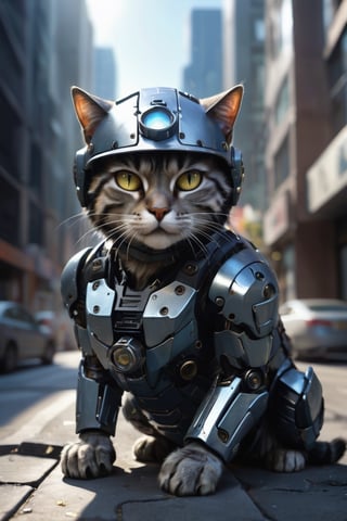 a group of cats soldier wearing army helmet in the city, robotic parts, detailed robotic led light eyes, masterpiece, best quality, photorealistic, High detail RAW color photo professional, 
natural daylight, ray tracing, Subsurface scattering, lens flare,  backlighting,
high-resolution, realistic style, moody, 
detailed background/shallow depth of field,  
The atmosphere is captured in high grain, reminiscent of ISO 800 film with wide angle.