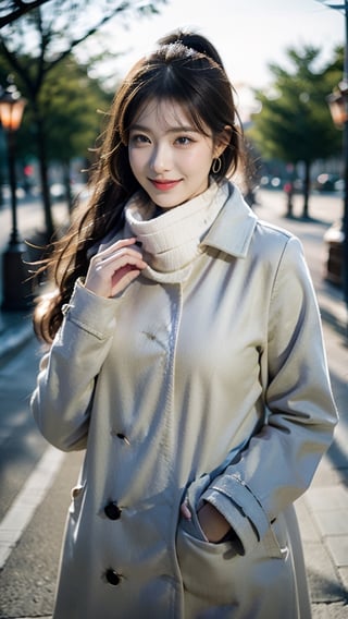 On the snowy sidewalk,Beautiful and delicate light, (beautiful and delicate eyes), pale skin, big smile, (brown eyes), (black long hair), （（high ponytail））,Red Burberry trench coat,Wearing a colorful Hermès silk scarf around her neck,,dreamy, medium chest, woman 1, (front shot), Korean girl, bangs, soft expression, height 170, elegance, bright smile, 8k art photo, realistic concept art, realistic, portrait, necklace, small earrings, handbag, fantasy, jewelry, shyness, skirt, winter down parka, scarf, snowy street, footprints,perfect