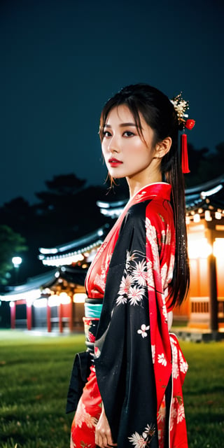 Realistic, RAW photos, digital SLR cameras, film grain, Fujifilm XT3, night scenes, 1 beautiful girl, She was walking on the grass in the park in the rain,high ponytail,goddess women, (Straight hair, long hair), big breasts, thighs, bare shoulders, red printed sexy kimono, black pantyhose, backlight, scattered scene, contrast filter, looking at viewer, japanese shrine torii style, rain, wet,,glitter