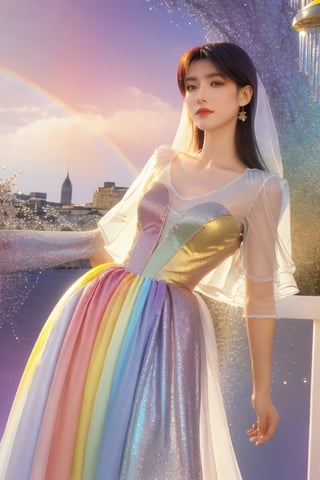 French woman wearing a garment made entirely of iridescent soap bubbles, radiating rainbow-colored reflections,dress that gracefully captures the light, displaying a spectrum of colors as if adorned with shimmering bubbles,Emphasize the ethereal and enchanting quality of the Transparent outfit, stunning and sophisticated ensemble,sparkling soap bubbles Clothes,miyo,Glass Elements