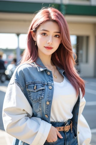 A young woman with vibrant pink hair and long locks framing her heart-shaped face. She gazes directly at the viewer, a warm smile spreading across her closed-mouthed lips. Her green eyes sparkle as she wears a white shirt with a jacket open to reveal a belt and necklace. A bag slung over her shoulder, she stands confidently, her denim jacket worn over a blue one, creating a sense of depth and texture in the blurred background.,Xyunxiao,(big breasts:1.39),