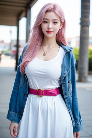 A young woman with vibrant pink hair and long locks framing her heart-shaped face. She gazes directly at the viewer, a warm smile spreading across her closed-mouthed lips. Her green eyes sparkle as she wears a white shirt with a jacket open to reveal a belt and necklace. A bag slung over her shoulder, she stands confidently, her denim jacket worn over a blue one, creating a sense of depth and texture in the blurred background.,Xyunxiao,(big breasts:1.39),