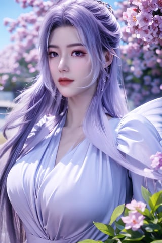 (masterpiece, best quality:1.2), highres, extremely detailed, 1 girl, purple hair, eye highlights,purple dress, frills, outdoors, flower, fluttering petals, upper body, depth of field,pastel color, Depth of field,garden of the sun,shiny,flowers, garden, 1girl, butterfly style, butterflies, ultra detailed, glary,Light, light particles,glitter,reflect,,(big breasts:1.29),Xyunxiao,sky_moon,Ziling
