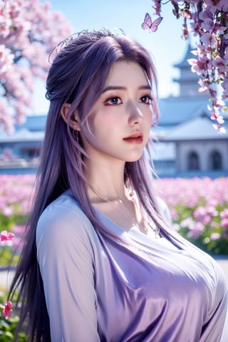 (masterpiece, best quality:1.2), highres, extremely detailed, 1 girl, purple hair, eye highlights,purple dress, frills, outdoors, flower, fluttering petals, upper body, depth of field,pastel color, Depth of field,garden of the sun,shiny,flowers, garden, 1girl, butterfly style, butterflies, ultra detailed, glary,Light, light particles,glitter,reflect,,(big breasts:1.29),Xyunxiao,sky_moon,Ziling