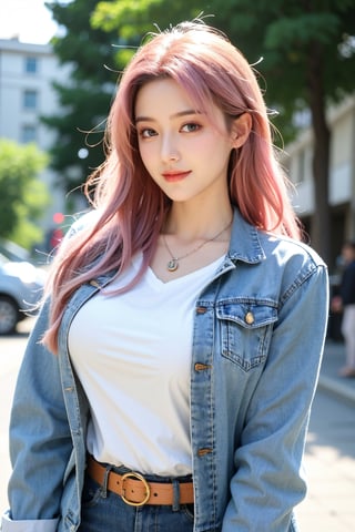 A young woman with vibrant pink hair and long locks framing her heart-shaped face. She gazes directly at the viewer, a warm smile spreading across her closed-mouthed lips. Her green eyes sparkle as she wears a white shirt with a jacket open to reveal a belt and necklace. A bag slung over her shoulder, she stands confidently, her denim jacket worn over a blue one, creating a sense of depth and texture in the blurred background.,Xyunxiao,(big breasts:1.39),