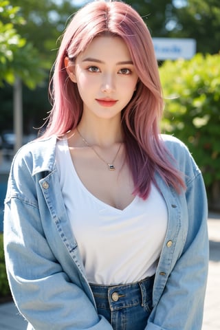 A young woman with vibrant pink hair and long locks framing her heart-shaped face. She gazes directly at the viewer, a warm smile spreading across her closed-mouthed lips. Her green eyes sparkle as she wears a white shirt with a jacket open to reveal a belt and necklace. A bag slung over her shoulder, she stands confidently, her denim jacket worn over a blue one, creating a sense of depth and texture in the blurred background.,Xyunxiao,(big breasts:1.39),