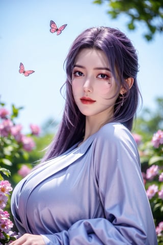 (masterpiece, best quality:1.2), highres, extremely detailed, 1 girl, purple hair, eye highlights,purple dress, frills, outdoors, flower, fluttering petals, upper body, depth of field,pastel color, Depth of field,garden of the sun,shiny,flowers, garden, 1girl, butterfly style, butterflies, ultra detailed, glary,Light, light particles,glitter,reflect,,(big breasts:1.29),Xyunxiao,sky_moon