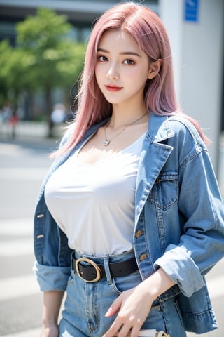 A young woman with vibrant pink hair and long locks framing her heart-shaped face. She gazes directly at the viewer, a warm smile spreading across her closed-mouthed lips. Her green eyes sparkle as she wears a white shirt with a jacket open to reveal a belt and necklace. A bag slung over her shoulder, she stands confidently, her denim jacket worn over a blue one, creating a sense of depth and texture in the blurred background.,Xyunxiao,(big breasts:1.39),