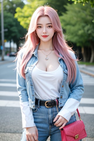 A young woman with vibrant pink hair and long locks framing her heart-shaped face. She gazes directly at the viewer, a warm smile spreading across her closed-mouthed lips. Her green eyes sparkle as she wears a white shirt with a jacket open to reveal a belt and necklace. A bag slung over her shoulder, she stands confidently, her denim jacket worn over a blue one, creating a sense of depth and texture in the blurred background.,Xyunxiao,(big breasts:1.39),