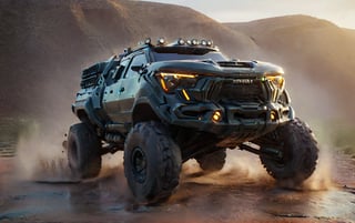 Masterpiece, 4k, High Resolution, Octane Render, Unreal Engine 5, Award Winning, Dramatic Lighting, Intricate, 8k Highly Professional Detail, HDR, Smooth, Sharp Focus, Illustration, Unreal Engine 5, Octane Render, Cinematic Light, dynamic volumetric lighting, Off-road suspension,baja, Armored vehicle,suv, all-terrain vehicle, concept, science fiction, Peterbilt 389,(f150:0.2),oshkosh m-atv jltv,humvee, Knight XV ,future,c_car,JB64,TechStreetwear,ROBOT,exosuit,LegendDarkFantasy, 3D SINGLE TEXT,HYPER REAL