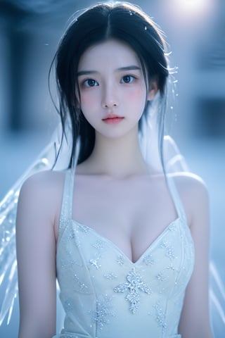  (ice:1.5), ((best quality)), ((masterpiece)), ((ultra-detailed)), extremely detailed CG, (illustration), ((detailed light)), (an extremely delicate and beautiful), a girl, solo, ((upper body,)), ((cute face)), expressionless, (beautiful detailed eyes), full breasts, (medium breasts:1.2), blue dragon eyes, (Vertical pupil:1.2), white hair, shiny hair, colored inner hair, [Armor_dress], blue_hair ornament, ice adorns hair,depth of field, [ice crystal], (snowflake), angel, (\shuang hua\), ((poakl)),girl,realistic,1girl