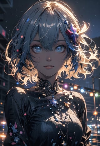 masterpiece, best quality, illustration, stars in the eyes,dishevelled hair,Starry sky adorns hair,1 girl,sparkling anime eyes,beautiful detailed eyes, beautiful detailed stars,blighting stars,emerging dark purple across with white hair,multicolored hair,beautiful detailed eyes,beautiful detailed sky, beautiful detailed water, cinematic lighting, dramatic angle,