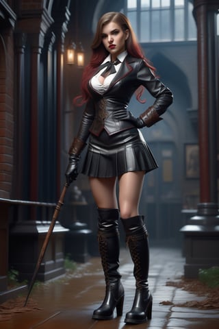 30 year old women in naughty school girl outfits, real leather black tigh high boots, black lrather long gloves, dominant attitude, detailed matte painting, deep color, fantastical, intricate detail, splash screen, complementary colors, fantasy concept art, 8k resolution trending on Artstation Unreal Engine 5"