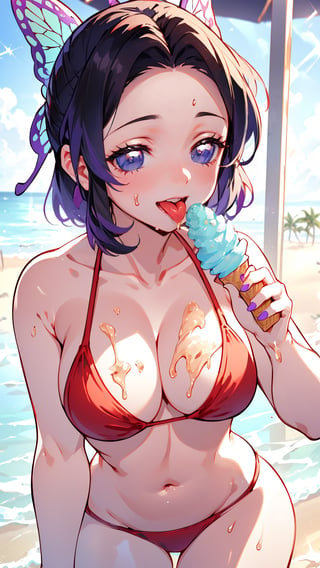 ((1 girl)), (purple eyes), (black short hair), Butterfly Shaped Headpiece, (happy smile), ((eating soft serve ice cream with tongue)), ((sexy design red bikini)), ultra high resolution, 8k, Hdr, daytime, in the beach house, (sweat all over the face)