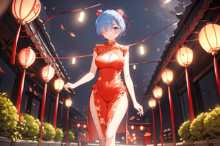 1girl, solo, short hair, red china dress, bend forward, walking down a street with lots of lanterns on both sides in the night, holding lantern, lovely pose, masterpiece, best quality, highres, smile, looking at viewer, shiny, blush, earrings, seducing_expression, nsfw, in the night, seethrough_china_dress, china dress with heart cutout, there are many Chinese lanterns glowing in the background, a distant view, rem, large_breast