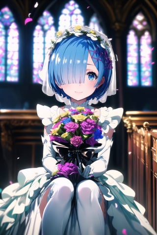 (only 1 beautiful woman, blue short hair, Rem, expensive detailed white wedding dress design by Francesca Miranda, white bride veil, long white gloves), walking to the altar, holding a bouquet, church location, wedding, celebration time, petals falling down, people sitting down background, priest in front of the spouse, close-up ,perfecteyes, smiling, shy,rem