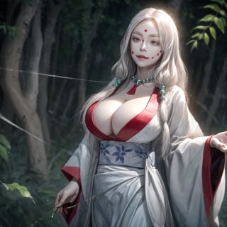 masterpiece, best quality, MTSpiderV4, 1girl, solo, white skin, long hair, (natural huge breasts) , beads, japanese clothes, ((white kimono)), silk, stone, forest, aurora borealis, spider web, 
