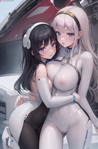 (RAW photo, best quality), (realistic, photo-Realistic:1.1), best quality, masterpiece, ultra realistic illustration, siena natural ratio,	(urban fantasy theme:1.1),	2girls, (right girl is white girl black hair, white glossy rubbersuit ; left girl is germany girl golden hair, pink rubbersuit, look each other eyes), lesbian caress, lesbian intimacy, tribadism, naked, pantyhose, lick nipple, realistic, detail face, lips,  in space station,   pubic hair,
rubbersuit,bodysuit,lesbian,rubbersuit02,jack