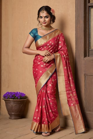 1girl, solo, long hair, medium breasts, looking at viewer, blush, smile, bangs, blue eyes, black hair, medium breasts, hair ornament, floral red Saree , bare shoulders, very long hair, full body, flower,outdoors, frills, wings, sky, choker, pointy ears, hair flower, water, black footwear, night, red saree, leaf, moon, sandals, full moon, red saree