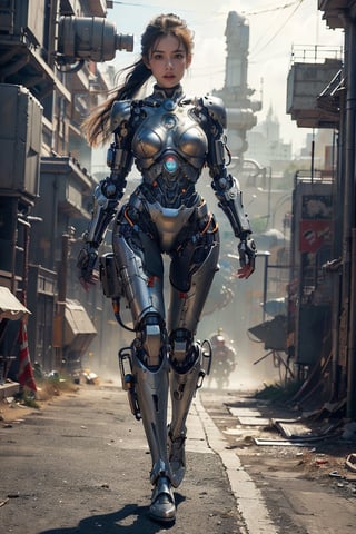 (masterpiece), best quality, extreme detailed, intricate, (1girl), cyborg walking towards the camera, self assured, glowing, energy, forceful, full body shot, cables, connections, futuristic blurry background, robot, mecha, science fiction, realistic, black and orange palette,   

more detail XL