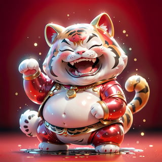 Maneki Tiger, chibi,glitter,  Chubby, laughing, Red Background